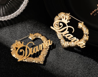 Personalized Name Bamboo Hoop Earrings: Stainless Steel Custom Nameplate