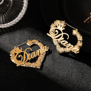 Heart Name Bamboo Hoop Earrings with Crown| Personalized Nameplate Earrings | Custom Jewelry Gift for Her | Gold Customized Hoops with Names