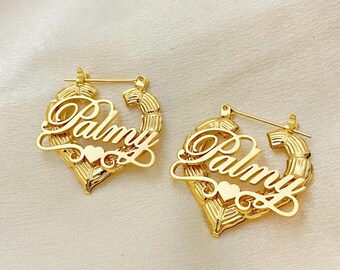 Personalized Name Bamboo Hoop Earrings: Custom Heart Hoops, Gold, Silver, Rose Gold