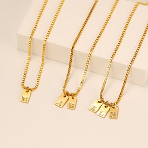 Personalized Initial Tag Necklace: Dainty Gold Bar, Box Chain