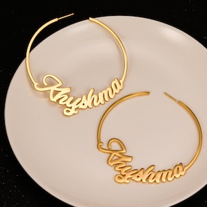 Personalized Nameplate Earrings | Custom Name Hoop Earrings | Custom Jewelry Gift for Her | Gold Statement Large Customized Hoops