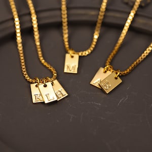 Dainty Initial Tag Necklace: Personalized Gold Bar, Box Chain