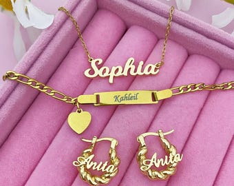 Personalized Baby Jewelry Set: Custom Name Necklace, Twist Hoop Earrings, Gold Nameplate Bracelet