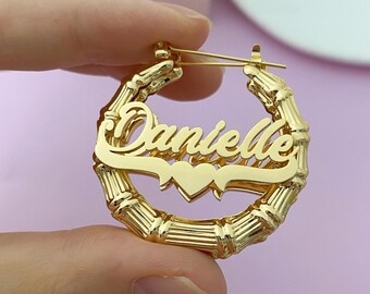 Personalisierte Kinder Bambus Hoop Ohrringe: Individuelle Ohrhänger, handgemachtes Namensschild Schmuck Geschenk