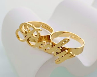 Aangepaste naamring: gepersonaliseerd gouden naamplaatje, ring met 2-4 vingers, handgemaakte sieradencadeau