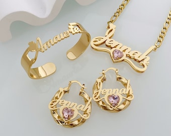 Kids Birthstone Name Jewelry Set: Gold Nameplate Necklace & Earrings, Personalized Jewelry Gift