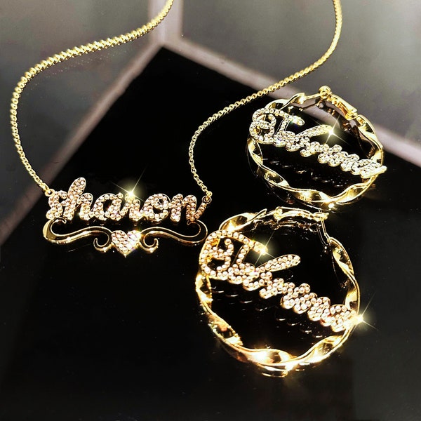 Big Diamond Name Earrings Necklace, Bling Name Earring, Twist Hoop, Bling Nameplate Necklace, Script Name Necklace,Iced Out Jewelry Set Gift