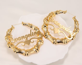 Custom Name Bamboo Hoop Earrings: Stainless Steel Personalized Jewelry