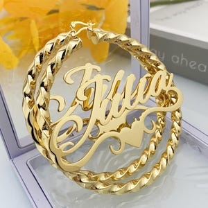 Custom Name Twist Hoop Earrings: Personalized Gold Nameplate, Women Jewelry