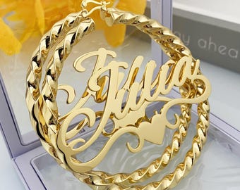 Custom Name Twist Hoop Earrings: Personalized Gold Nameplate, Women Jewelry
