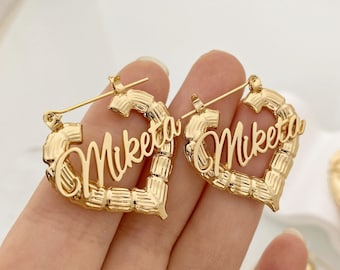 Personalized Kids Bamboo Heart Earrings: Custom Name Hoop Earrings