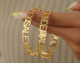 Personalized Letter Hoop Earrings, Custom 18K Gold Large Hoops, Hollowing Name, Women Mom Jewelry
