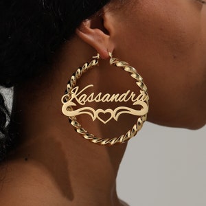 Personalized Name Hoop Earrings: Custom Twist Hoops, Dainty Nameplate