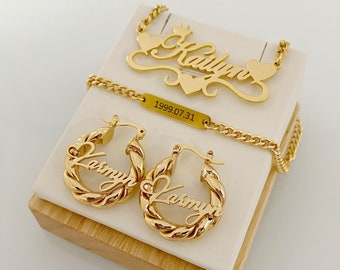 Custom Baby Name Jewelry Set: Personalized Gold Necklace, Engraved Name Bracelet & Twist Hoop Earrings