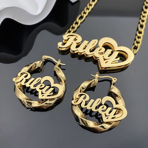 Kids Name Jewelry Set, Gold Nameplate Necklace, Name Pendant Necklace, Personalized Name Earring, Twist Hoop, Personalized Gift for Kids Her