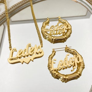 Custom Bamboo Earrings Name Necklace, Name Earrings, Name Bamboo Earrings, Custom Name Necklace, Personalized Necklace, Name Jewlry Set Gift
