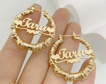 Personalisierte Bambus Hoop Ohrringe: Personalisierter Kinder Schmuck