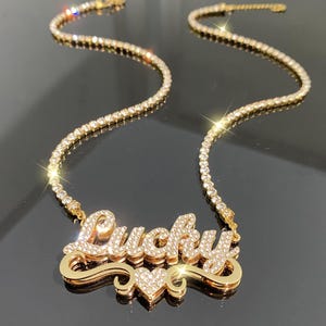 Double Name Plate Diamond Necklace, Custom Pave Name Necklace, Bling Chain Necklace, Personalized Necklace, Women Name Jewelry, Gift for Her