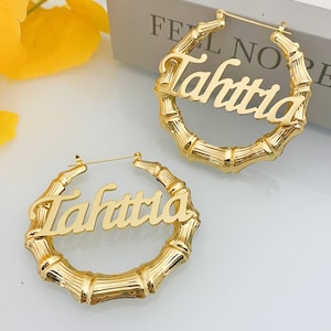 Orecchini a cerchio in bambù con nome personalizzato, orecchini in bambù dorati, orecchini in bambù con nome, orecchini da donna personalizzati, gioielli con nome personalizzato, regali personalizzati