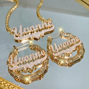 Kids Name Earrings Necklace, Custom Name Bamboo Earrings, Personalized Name Necklace, Name Hoop Earrings,Gold Name Necklace Set,Gift for Her