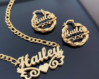 Custom Name Earrings Necklace Set, Nameplate Necklace, Personalized Necklace Set, Twist Hoop Earrings, Gold Name Earrings, Personalized Gift