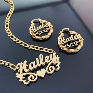 Custom Name Earrings Necklace Set, Nameplate Necklace, Personalized Necklace Set, Twist Hoop Earrings, Gold Name Earrings, Personalized Gift