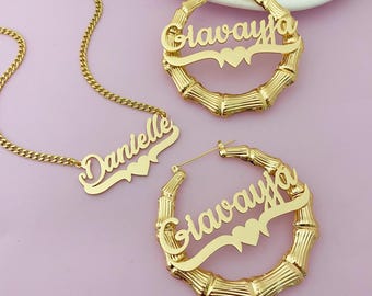 Custom Bamboo Name Earrings and Necklace Set, 18K Gold Nameplate, Personalized Jewelry, Christmas Gifts