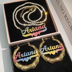 Diamond Name Necklace Set, Custom Name Necklace, Bling Name Necklace, Kids Name Earrings,Bamboo Earrings Hoop,Women Jewelry Set,Gift for Her