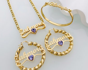 Kids Birthstone Jewelry Set, Gold Nameplate Necklace, Dainty Birthstone Necklace, Custom Name Earrings, Personalized Bangel, Birthday Gift