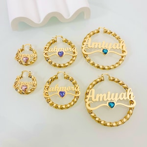 Personalized Name Hoop Earrings: Dainty Birthstone Twist Hoops