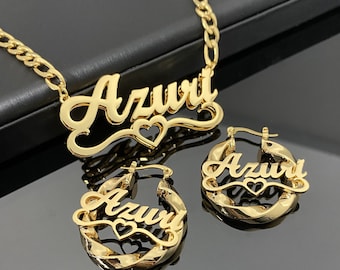 Kids Name Jewelry Set, Custom Nameplate Necklace, Gold Name Necklace,Custom Name Earrings, Name Hoop Earrings, Twist Hoop,Best Gift for Baby