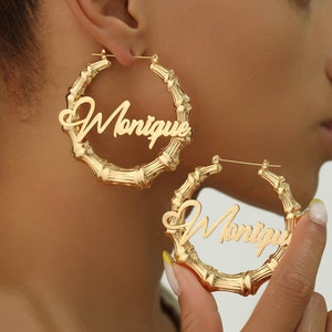 Custom Bamboo Earrings, Custom Name Earrings, Name Earrings Gold, Personalized Name Earring, Nameplate Bamboo Earrings, Jewelry Gift For Her