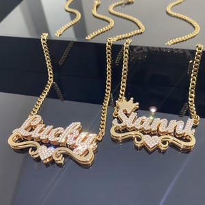 Diamond Name Necklace, Gold Double Name Necklace, Bling Name Necklace, Script Name Necklace,Personalized Necklace,Women Jewelry,Gift for Her