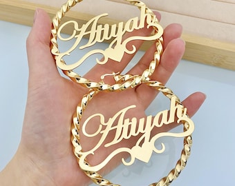 Custom Name Twist Hoop Earrings: Personalized Bamboo Style, Nameplate Jewelry, Large Hoop 30mm-90mm