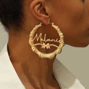 Custom Bamboo Hoops With Butterfly, Name Bamboo Earrings, 18k Gold Bamboo Earrings, Kids Name Earrings, Gold Name Hoops, Personalise Gift