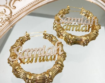 Bling Name Bamboo Hoop Earrings, Custom Nameplate, Personalized Gift