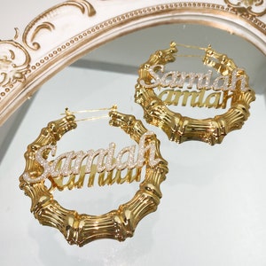 Bling Name Bamboo Earrings, Custom Nameplate Earrings, Bamboo Earrings Hoop, Name Hoops, Personalized Earring, Gold Bamboo Hoop,Earring Gift