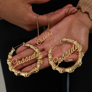 Custom Name Bamboo Earrings Necklace Set, Personalized Earrings, Bamboo Earrings, Name Necklace, Personalized Gift Women Mother Kids Baby