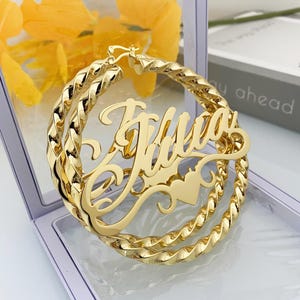 Personalized Name Hoop Earrings: Custom Twist Nameplate, Gold Silver Rose Gold, Large Hoops 30mm-90mm