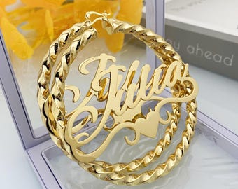 Personalized Name Hoop Earrings: Custom Twist Nameplate, Gold Silver Rose Gold, Large Hoops 30mm-90mm