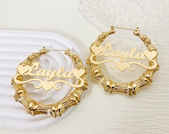 Custom Name Bamboo Hoop Earrings: Personalized Nameplate, Women Jewelry Gift