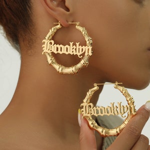 Old English Bamboo Earrings | Custom Name Bamboo Earrings | Personalized Earring | Bamboo Hoop Earrings | Custom Name Hoops | Gift for Her