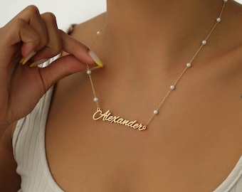 Personalized Pearl Chain Name Necklace: Custom 18K Gold Cursive Pendant, Mom Gift