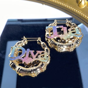 Custom Name Bamboo Earrings, Colorful Name Earrings Hoop, Bling Nameplate Earrings, Personalized Bamboo Earring, Hoop Earrings, Gift for Her