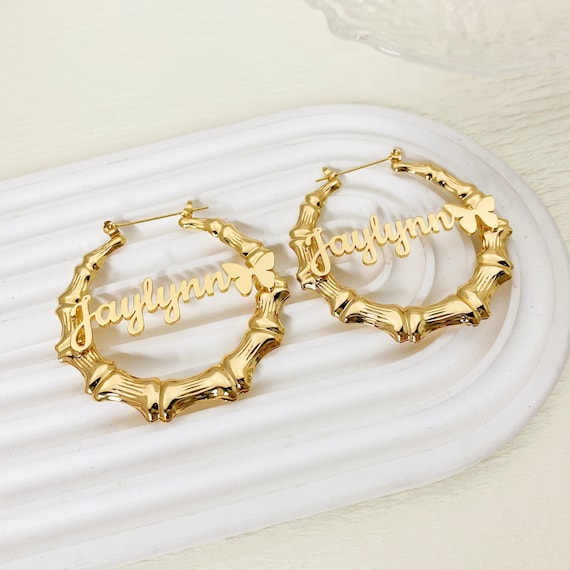 Gold Bamboo Earrings With Name Gold 14k Custom Bamboo Earrings