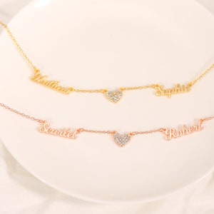 Benutzerdefinierte mehrere Namen Halskette, Pave Diamant Herz Charme, personalisierte Schmuck Geschenk