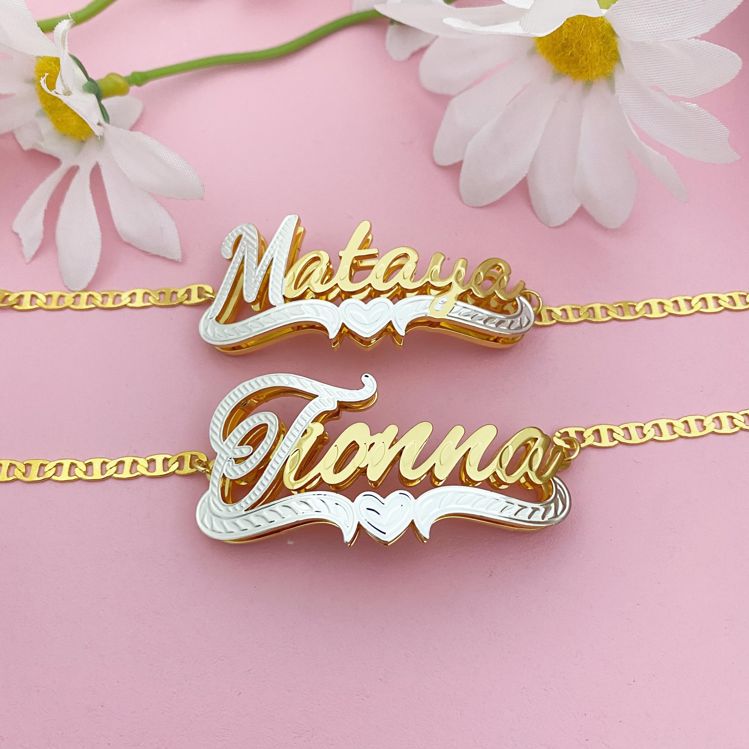 18K Gold Two-Tone Custom Name Bracelet: Personalized 3D Name Plate, 8mm Chain, Jewelry Gift