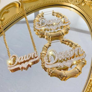 Bling Double Name Neckalce Set, Nameplate Necklace, Personalized Necklace Gold, Custom Bamboo Earrings, Name Bamboo Hoops, Christmas Gift
