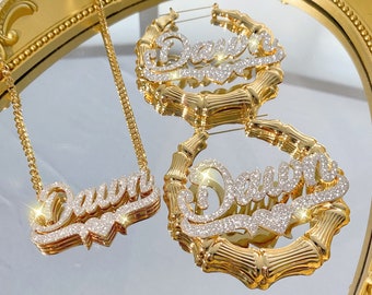 Bling Double Name Neckalce Set, Nameplate Necklace, Personalized Necklace Gold, Custom Bamboo Earrings, Name Bamboo Hoops, Christmas Gift