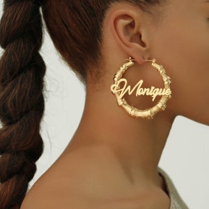 Custom Bamboo Name Earrings | Bamboo Earrings | Personalized Earring | Bamboo Hoop Earring | Big Hoops | Gold Name Earrings | Gift for Mom